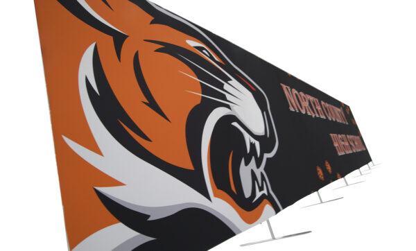 photo of thirty foot long renovate partition with snarling tiger head graphic and north county high school