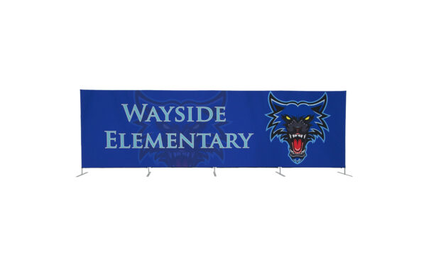 photo of twenty foot long renovate partition with snarling wolf head graphic and wayside elementary