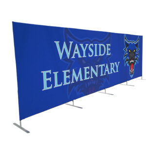 photo of twenty foot long renovate partition with snarling wolf head graphic and wayside elementary