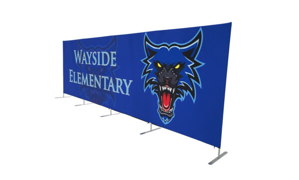 photo of twenty foot long renovate partition with snarling wolf head graphic and wayside elementary