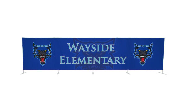 photo of twenty foot long flow partition with snarling wolf head graphic and wayside elementary