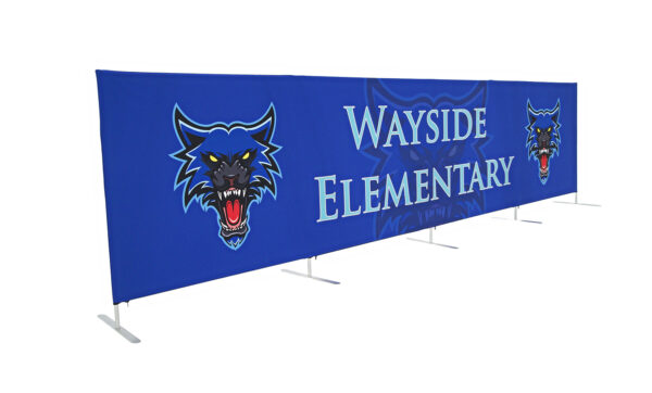 photo of twenty foot long flow partition with snarling wolf head graphic and wayside elementary