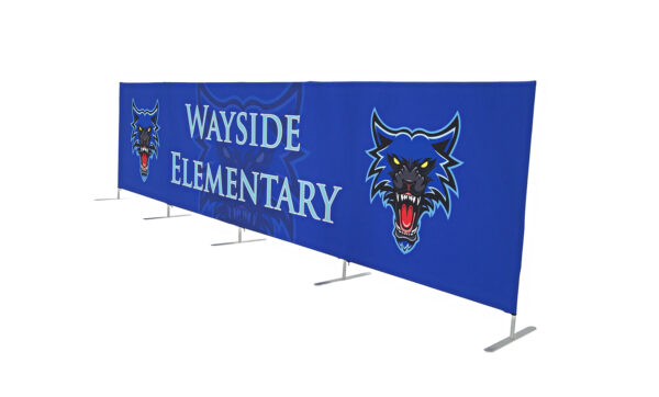 photo of twenty foot long flow partition with snarling wolf head graphic and wayside elementary