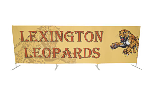 photo of fifteen foot long flow partition with snarling leopard pouncing graphic and Lexington leopards