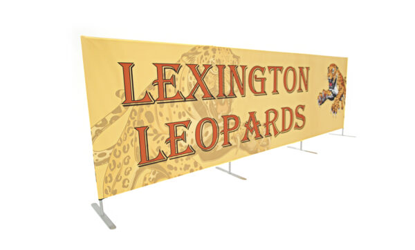 photo of fifteen foot long flow partition with snarling leopard pouncing graphic and Lexington leopards