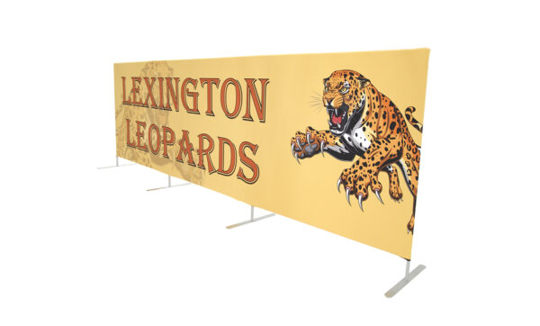 photo of fifteen foot long flow partition with snarling leopard pouncing graphic and Lexington leopards