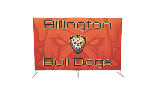 photo of ten foot long renovate partition with bull dog head graphic and Billington bull dogs