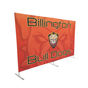 photo of ten foot long renovate partition with bull dog head graphic and Billington bull dogs