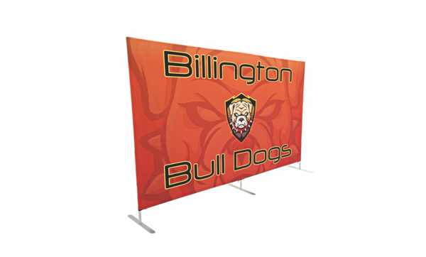 photo of ten foot long renovate partition with bull dog head graphic and Billington bull dogs