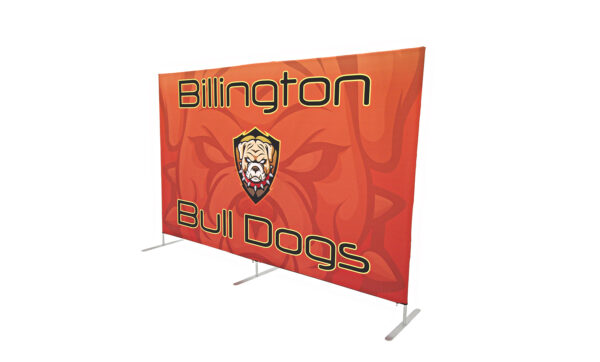 photo of ten foot long renovate partition with bull dog head graphic and Billington bull dogs