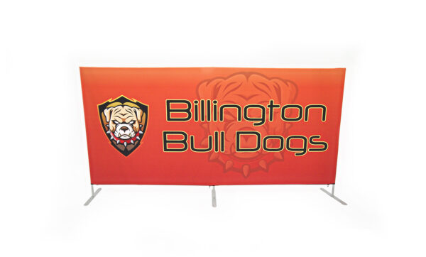 photo of ten foot long flow partition with bull dog head in shield crest graphic and Billington bull dogs