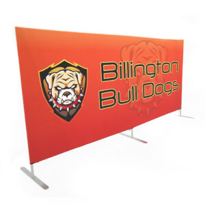 photo of ten foot long flow partition with bull dog head in shield crest graphic and Billington bull dogs