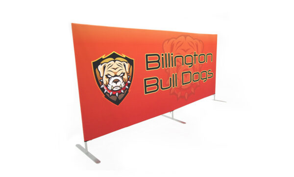 photo of ten foot long flow partition with bull dog head in shield crest graphic and Billington bull dogs