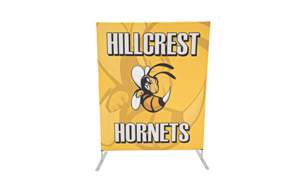 photo of five foot long renovate partition with hornet graphic and Hillcrest hornets