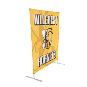 photo of five foot long renovate partition with hornet graphic and Hillcrest hornets