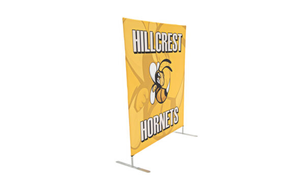 photo of five foot long renovate partition with hornet graphic and Hillcrest hornets