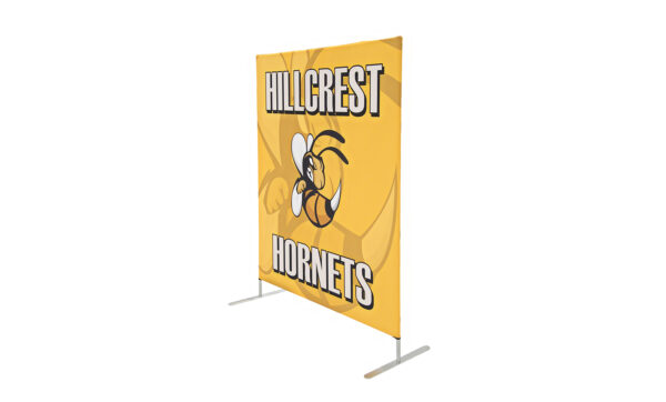 photo of five foot long renovate partition with hornet graphic and Hillcrest hornets