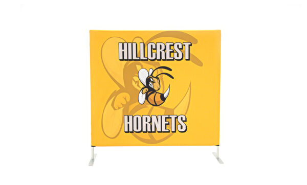 photo of five foot long flow partition with hornet graphic and hillcrest hornets