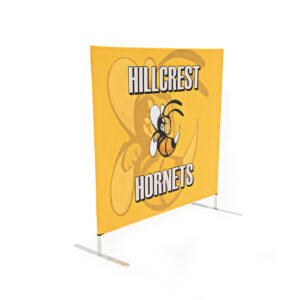 photo of five foot long flow partition with hornet graphic and hillcrest hornets