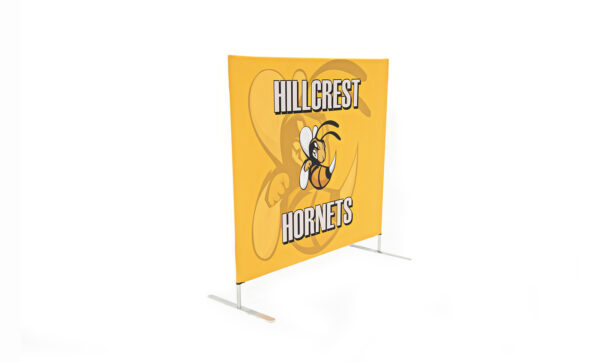 photo of five foot long flow partition with hornet graphic and hillcrest hornets