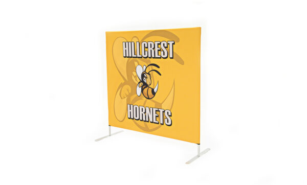 photo of five foot long flow partition with hornet graphic and hillcrest hornets