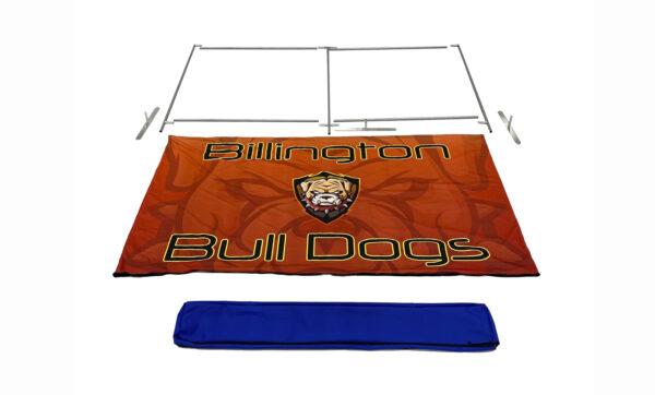 photo of ten foot renovate partition that says billington bull dogs with a graphic of a bull dog head fully broken down into its individual pieces