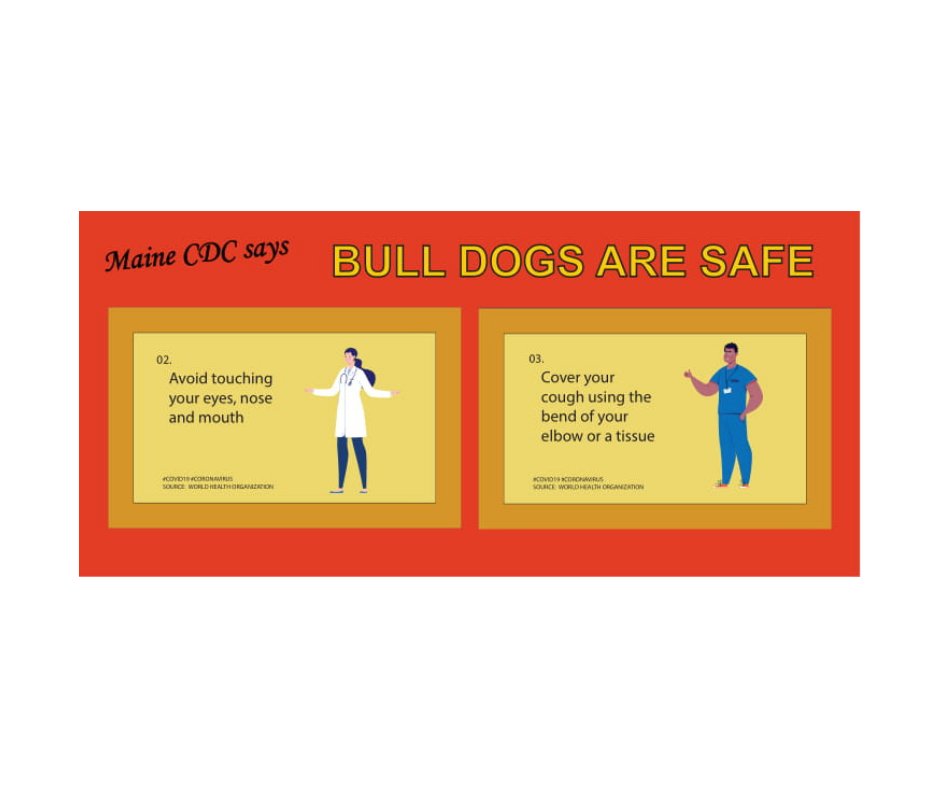 graphic of billington bull dogs partition design with safety CDC guidelines, a doctor and a nurse, and the words "maine cdc says bull dogs are safe 02. avoid touching your eyes, nose, and mouth 03. cover your cough using the bend of your elbow or a tissue