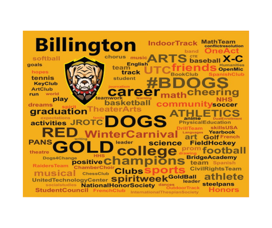 graphic of billington bull dogs partition design with bull dog head and covered in words in word cloud design