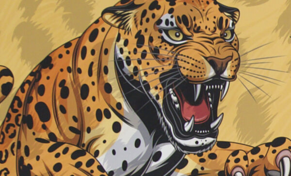 graphic of snarling leopard pouncing with yellow spotted background