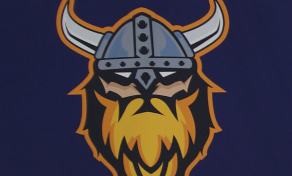 graphic of viking head with dark background