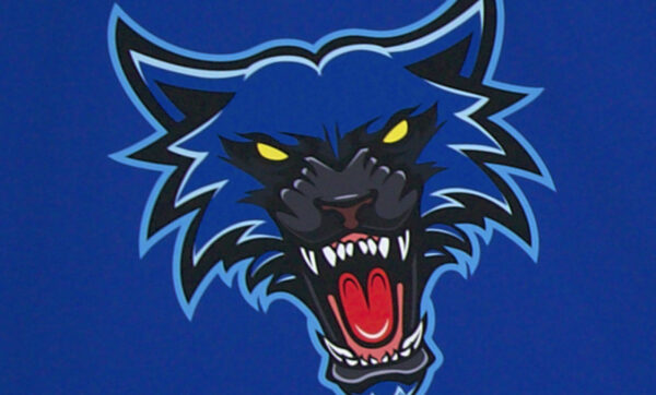 graphic of snarling blue wolf head with blue background