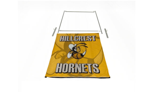 photo of five foot flow partition that says hillcrest hornets with a graphic of a hornet fully broken down into its individual pieces